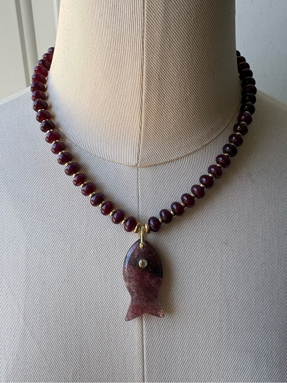 Garnet Beaded Strand Necklace Sardine Fish Charms